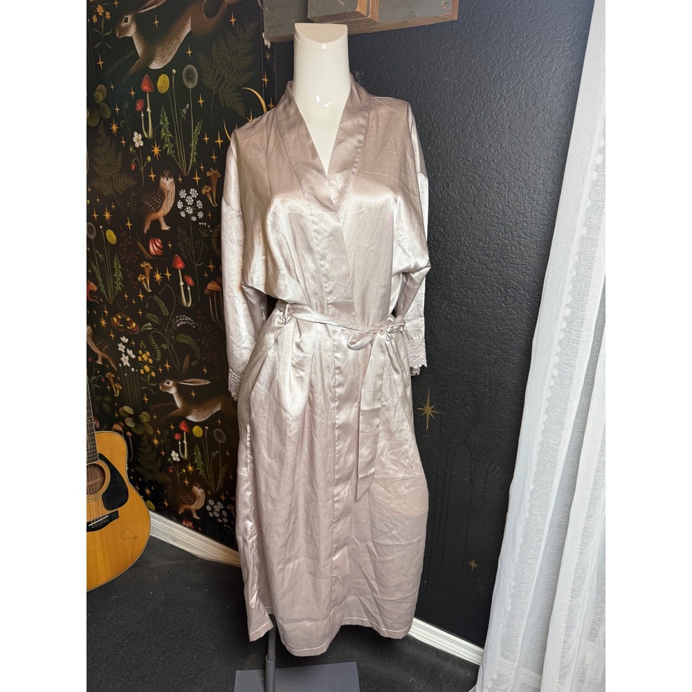 Intimo Amore Champagne Satin Robe Lace Trim Long Wrap Dressing Gown Small
